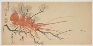Kreeft, pruim en dennen tak, ca. 1818 door Shibata Git